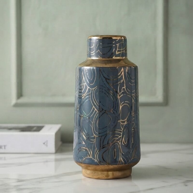 BLUE AND GOLD ABSTRACT CERAMIC VASE