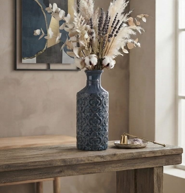 BLUE EMBOSSED CERAMIC VASE