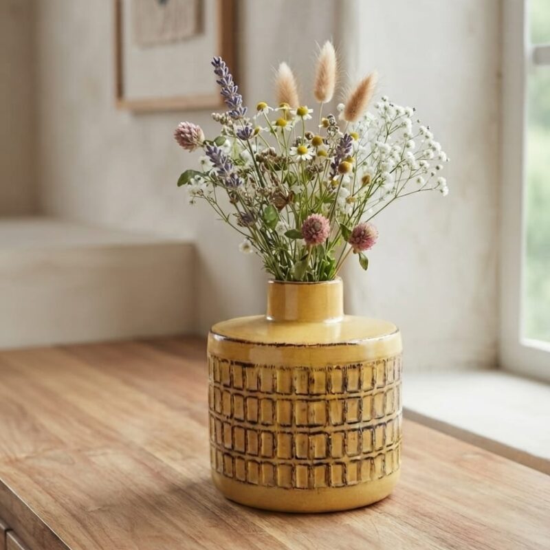 YELLOW GEOMETRIC GRID CERAMIC VASE