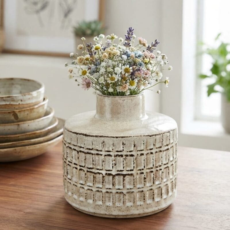 WHITE GEOMETRIC GRID CERAMIC VASE