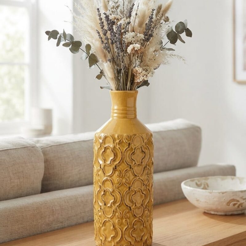 YELLOW EMBOSSED CERAMIC VASE