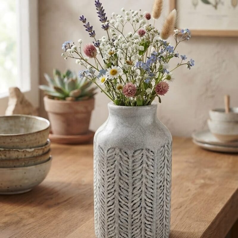 WHITE TEXTURED CRACKLE CERAMIC VASE