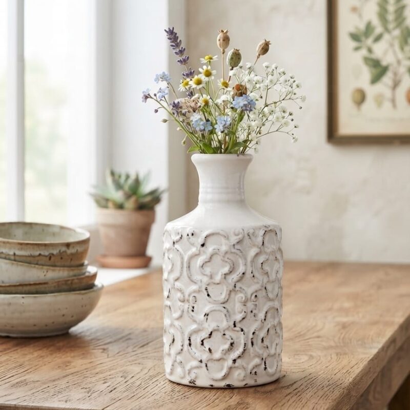 WHITE EMBOSSED CERAMIC VASE