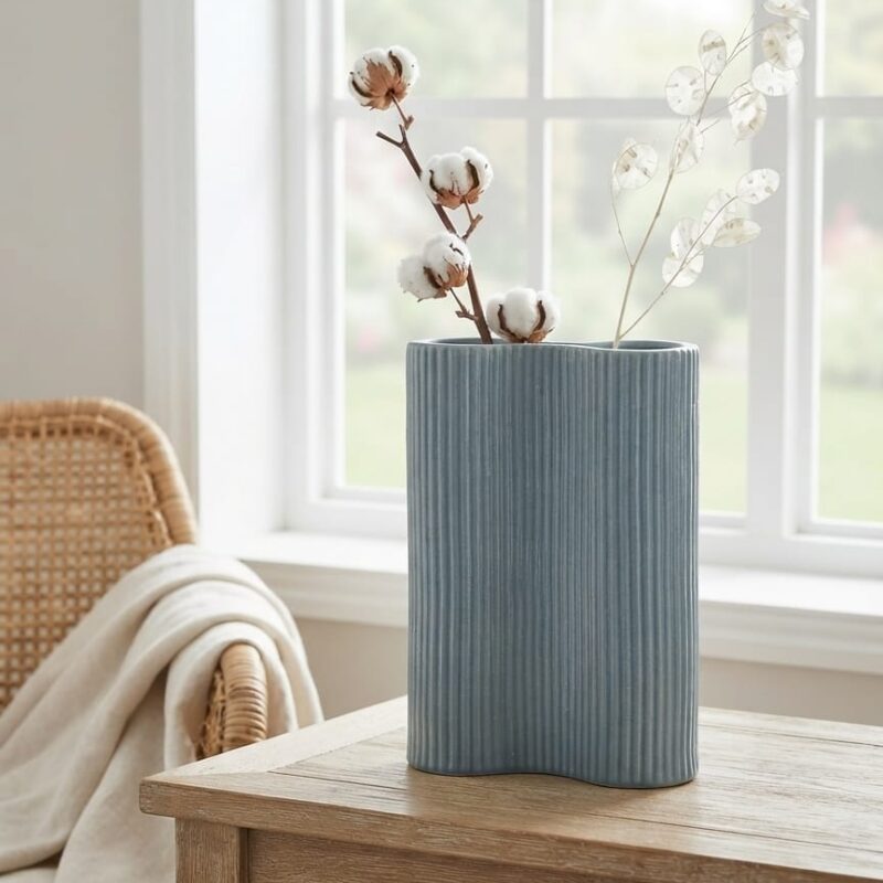 CURVED FLUTED GREY CERAMIC VASE