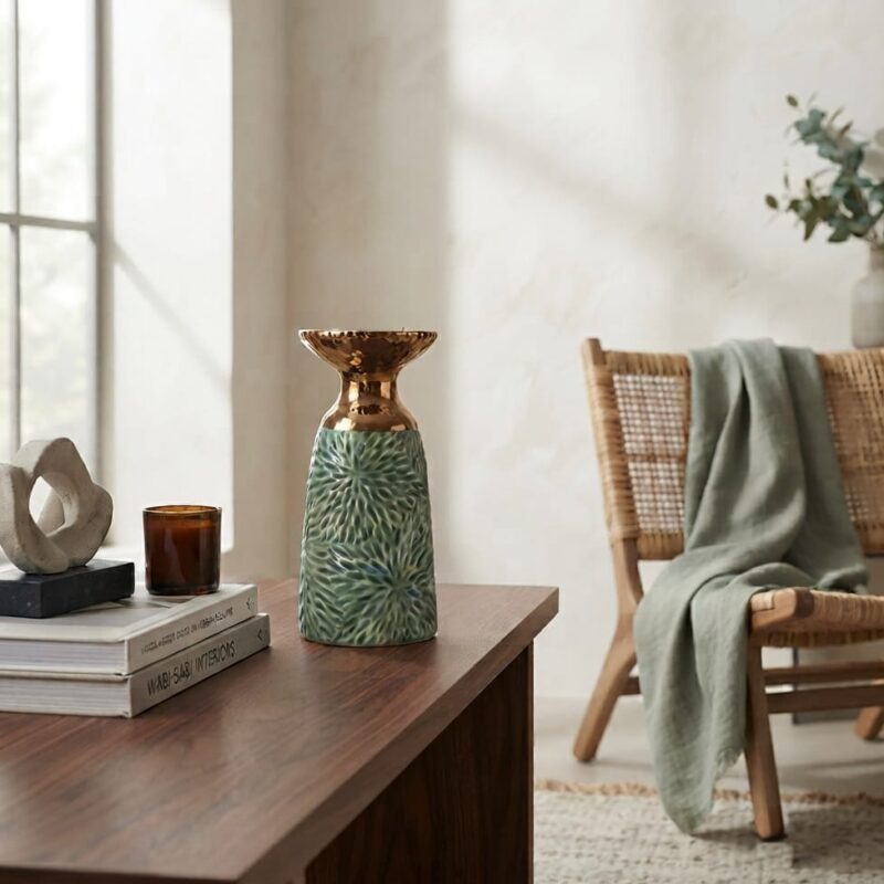 GREEN AND GOLD TEXTURED CERAMIC VASE